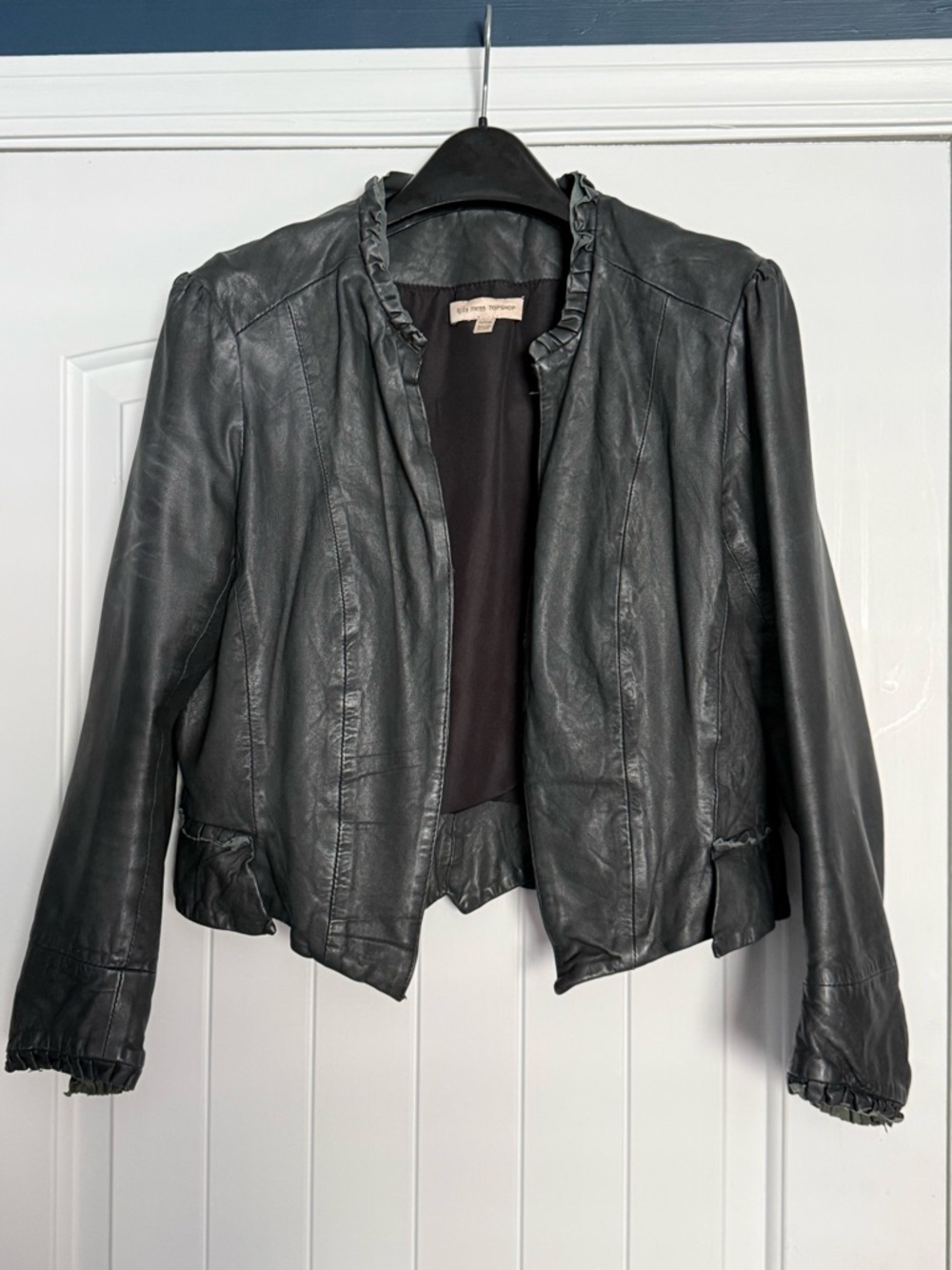 Kate Moss Topshop Black Leather Ruffle-Trim Jacket